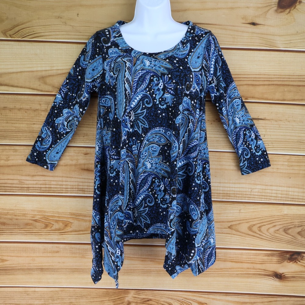 Premise Knit Tunic Top Womens Sz S Blue Floral Polyester Blend 3/4 Sleeves Soft